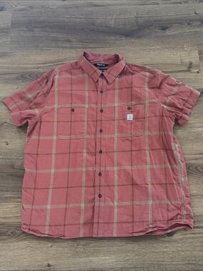 Carhartt Men’s Short Sleeve Plaid Button-Up Shirt - Orange Rust/Tan XXL
